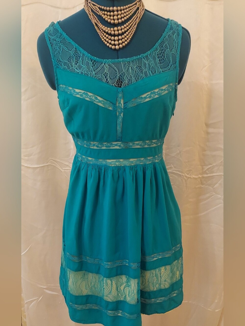 Modcloth Teal Dress with Lace Detail and Chartreuse Underlining